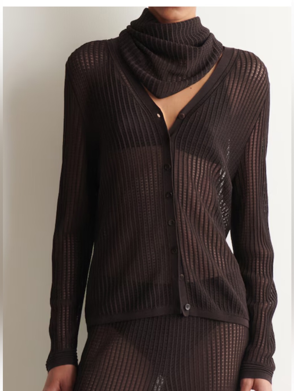 COS Dark Brown Ribbed V-Neck Button-Up Cardigan (with scarf to match